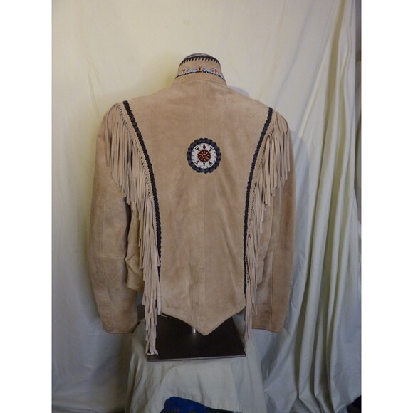 VTG 70-80's Tan Leather Short Jacket Bone Beaded-Fringe-Western-Snaps-Women-L - Picture 3 of 6